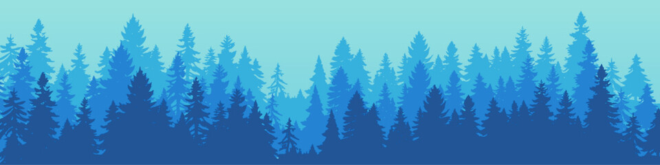 Obraz premium Layered pine forest landscape with misty evergreen trees and blue nature background, vector illustration
