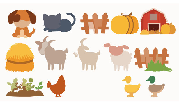 Cute cartoon farm pets vector illustration with barnyard animals set isolated on white background