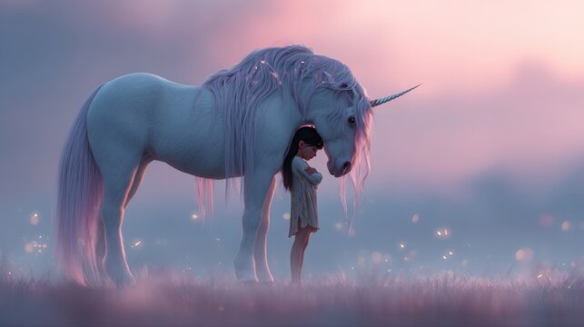 Whisper of the Unicorn: An ethereal scene of a girl's tender embrace with a unicorn, a dance of fantasy against a serene backdrop. 