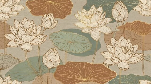 Elegant seamless pattern with beautiful lotus flowers and large leaves in muted earthy tones, creating a serene and sophisticated aesthetic