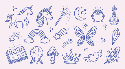 Naklejka premium Fantasy magic doodle collection with playful outline drawing. Unicorn, wand, rainbow, butterfly, crystal. Cute enchanted elements for kids coloring pages, fairytale illustrations and storybook design.
