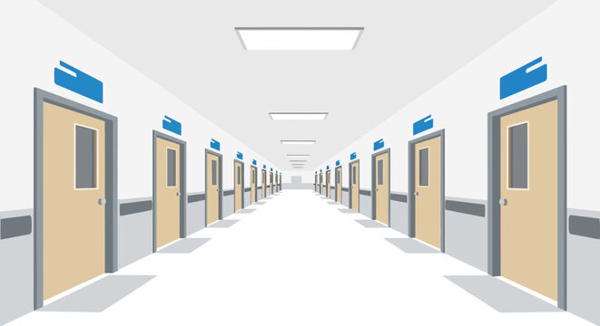 Endless hallway with uniform doors in modern minimalist design