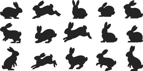 Vector illustration of fifteen black rabbit silhouettes in diverse poses, sitting, standing, crouching, leaping, concept of wildlife, animal design, nature artwork, and identity. © AshaRani