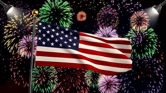 US flag with spotlight and colorful fireworks background