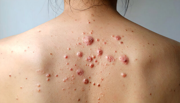 Human back experiencing severe acne skin condition