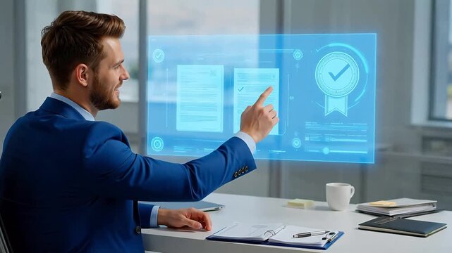 Businessman interacting with holographic interface