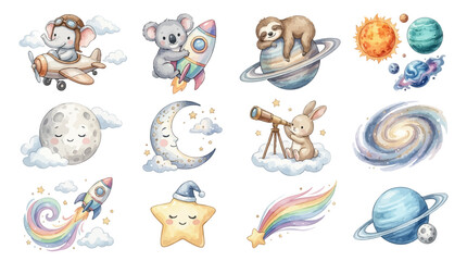 Watercolor cute space clipart set with moon, planets, galaxy, rocket, elephant, koala and bunny. Collection of Vector illustrations. Perfect for invitation, card, poster, banner, decoration © maria
