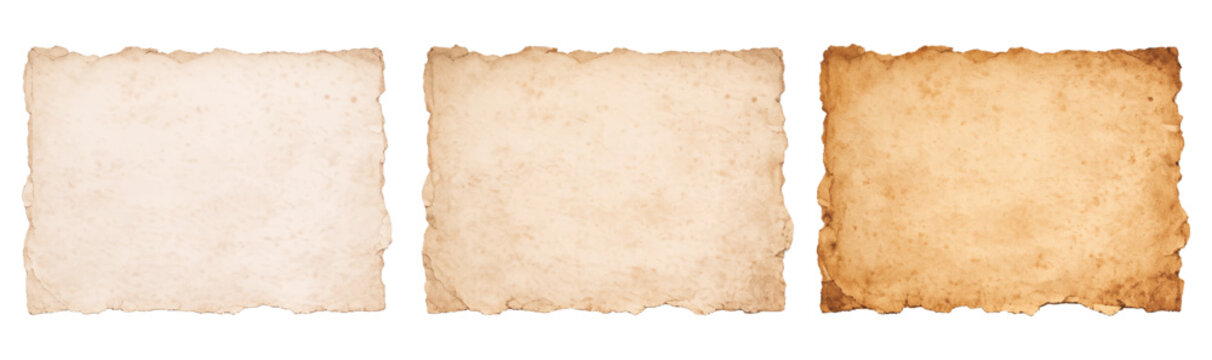 Set of 3 Pieces of Textured Vintage Paper with Torn Irregular Edges Isolated on Transparent Background