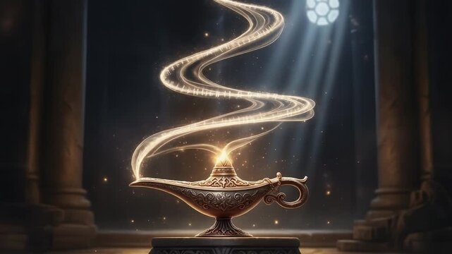 Enchanted Golden Genie Lamp Granting Wishes with Magical Glowing Smoke