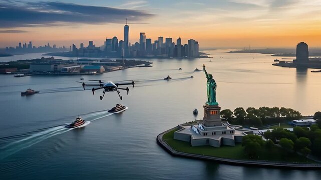 Drone Flying Above New York Harbor Near Statue of Liberty with Manhattan Skyline at Sunset