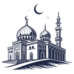 Mosque architecture silhouette with decorative domes and minaret under crescent moon 2 © eee