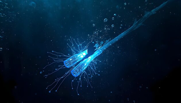 Severed fiber optic cable on dark ocean floor with glowing blue light