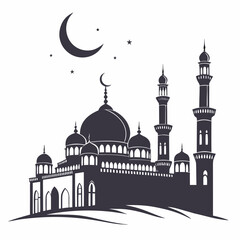 Grand mosque silhouette with multiple domes and crescent moon © eee