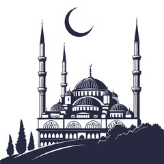 Grand mosque silhouette with multiple domes and crescent moon 1 © eee