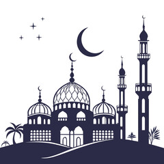 Mosque silhouette skyline with decorative domes and minarets at night © eee