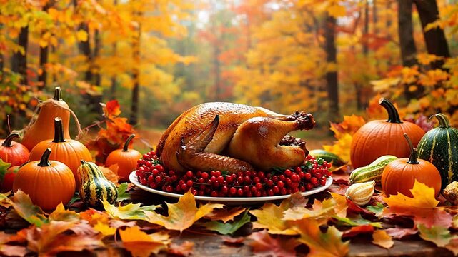 Roasted turkey surrounded by pumpkins and autumn leaves