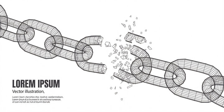 Breaking free chain link with shattered pieces flying apart dramatically