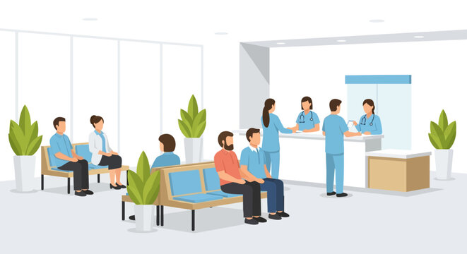 Modern clinic waiting area with doctors and patients in a bright room with green plants