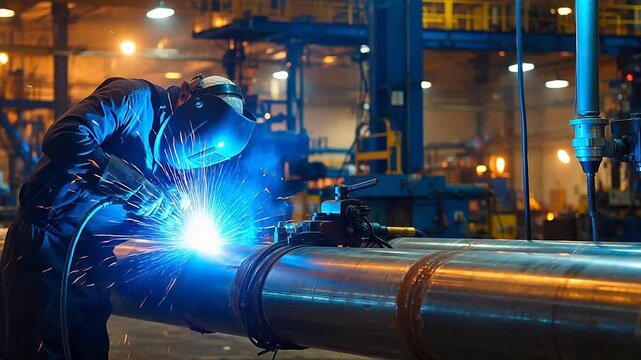 Worker welding metal pipe in factory