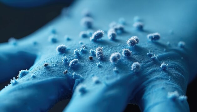 Microscopic view shows bacteria clusters on blue nitrile glove surface. Microbes pose infection risk, need for hygiene and prevention. Science research lab concept.