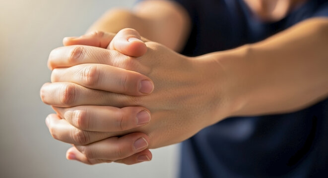 Person showing hands stretching arms, close up view of hands interlocking fingers, stretching arms to relieve tension and improve flexibility. Concept hand exercises and arm extension for health.