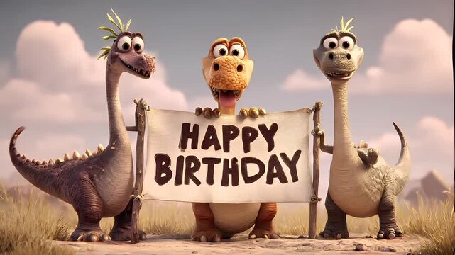 Birthday celebration theme for party event. Three animated dinosaurs holding a banner that reads Happy Birthday against a backdrop of a sky with fluffy white clouds and lush green grass.