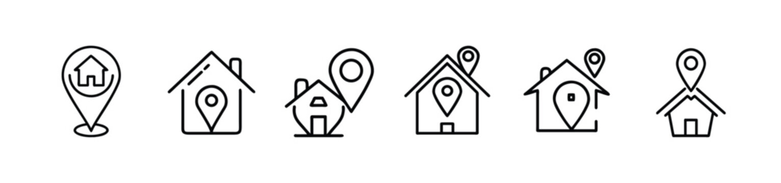 Home and location pin outline icon set featuring house real estate and map point for property navigation and residential address and more vector illustration or editable stroke