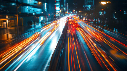 Obraz premium Speeding light flows through a city in an intricate lighting design, symbolizing smart city tech.