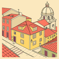 Fototapeta premium Charming isometric illustration of traditional european houses with red tiled roofs and a dome church