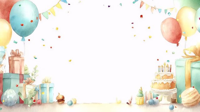 Birthday celebration theme for party event. A vibrant watercolor painting of a birthday celebration, featuring a cake adorned with lit candles surrounded by presents, balloons, and confetti.