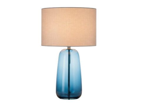 Blue glass table lamp with beige shade isolated on transparent background