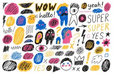 Fototapeta premium A colorful vector graphic illustration of various cartoon doodles and words on a white background