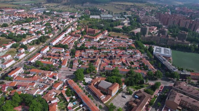 Aerial panorama view of a suburb of the city Valladolid in Spain on a sunny summer noon.