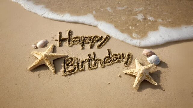 Birthday celebration theme for party event. A beach scene with the words Happy Birthday written in the sand, surrounded by starfish and seashells. The sun casts a golden hue on the sand and the sea.