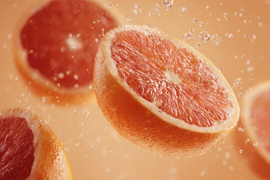 Citrus Burst: Vivid close-up captures a mesmerizing dance of halved citrus fruit in mid-air, droplets create a vibrant display of freshness and flavor.