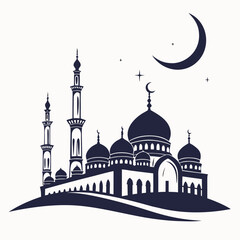 Grand mosque skyline silhouette with domes and minarets under crescent moon © www