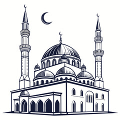 Traditional mosque silhouette with symmetrical minarets and domes © www