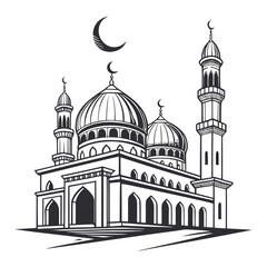 Traditional mosque silhouette with symmetrical domes and minarets © www