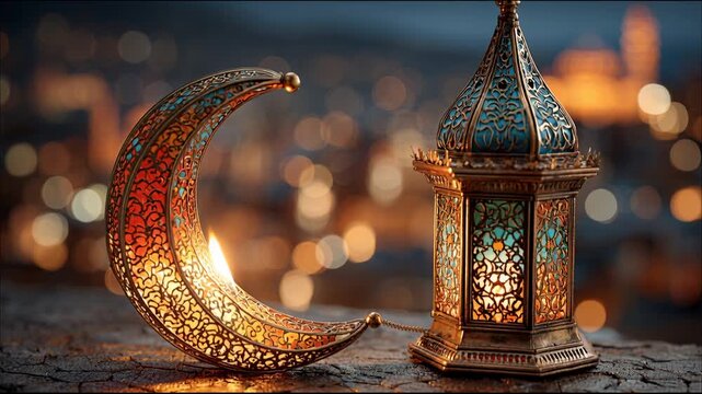 Traditional Moroccan metal lantern, fanous, a beautiful metal crescent moon figurine against the night sky, a blurred Arabic city, Ramadan Kareem, Muslim holiday, Islamic symbol, religious, religion