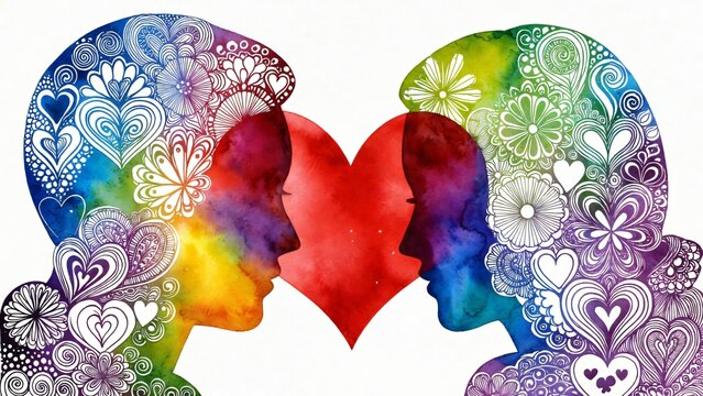 Amore e connessione: profili ad acquerello con cuore e mandala