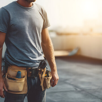 Construction worker in safety equipment working as an elastomeric roofer in morning light