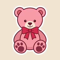 Fototapeta premium A charming pink teddy bear with a red bow sits cheerfully presented as a cute sticker illustration