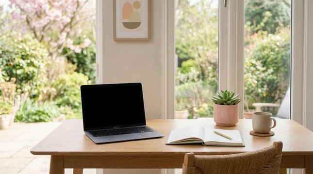 Modern home office workspace with laptop near large window soft natural light minimal decor productive environment with book and coffee