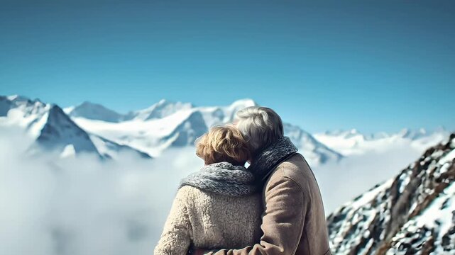 Lovely couple romantic moment. Valentines Day. Two people, a man and a woman, embracing in a loving hug against a backdrop of snowcapped mountains and a clear blue sky.