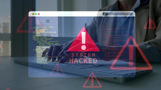 System warning alert signals critical security issue. Scene reflects strong cybersecurity protection.Suspicious activity shows possible breach. Monitoring tools detect threats in real time.
