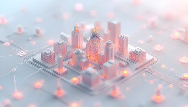 Isometric miniature city model with white buildings and glowing orange lights