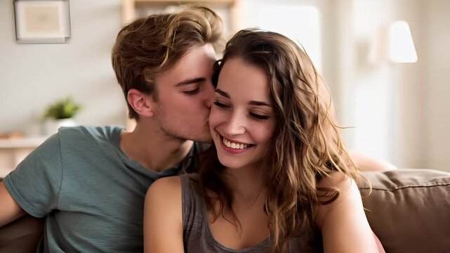 Lovely couple romantic moment. Valentines Day. A man and woman embracing and kissing on a couch, with a blurred background revealing a wooden rack containing various objects.