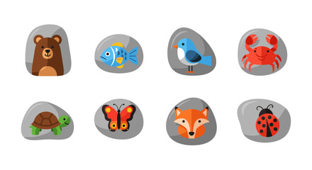 Cute animal faces on stones: bear, fish, bird, crab, turtle, butterfly, fox, ladybug © Mark