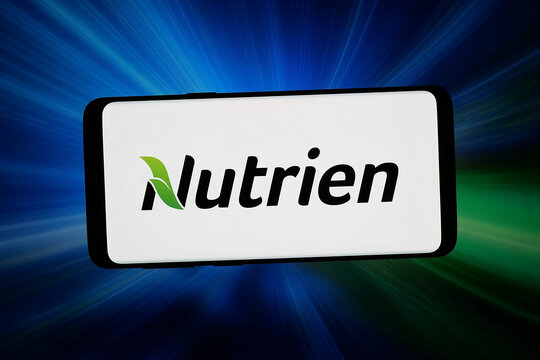 Stuttgart, Germany - 03-06-2026: In this photo illustration, the logo of Canadian fertilizer company Nutrien Ltd. is displayed on a smartphone in front of abstract background on computer screen.