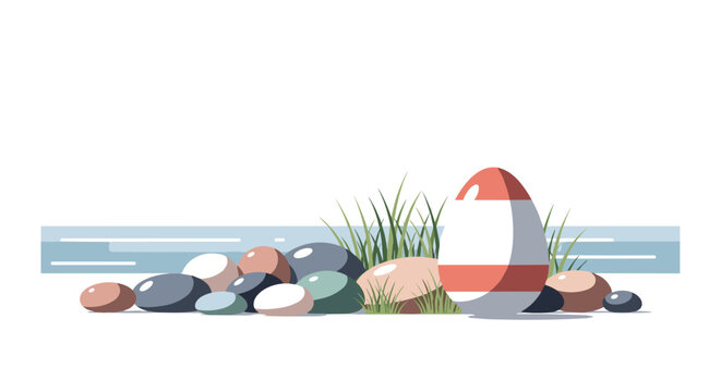 Colorful easter eggs in grass on white background: pastel and festive spring design